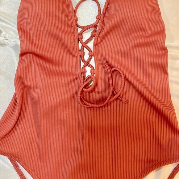 Felnart Women's One Piece Swimsuits Solid Color Lace Up open back Size L - Picture 2 of 6